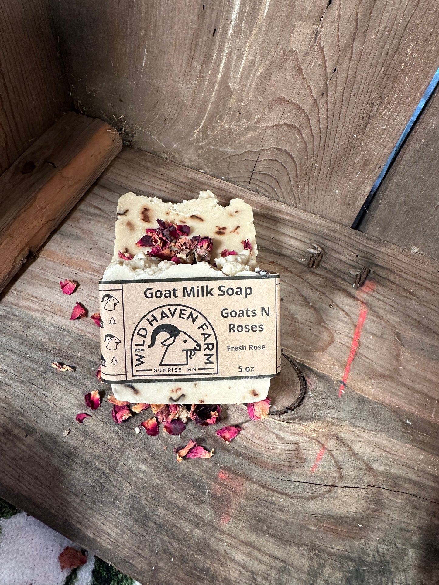 Bar of Wild Haven Farm's Goats N Roses Goat goat milk soap made with San Clemente Island goat milk