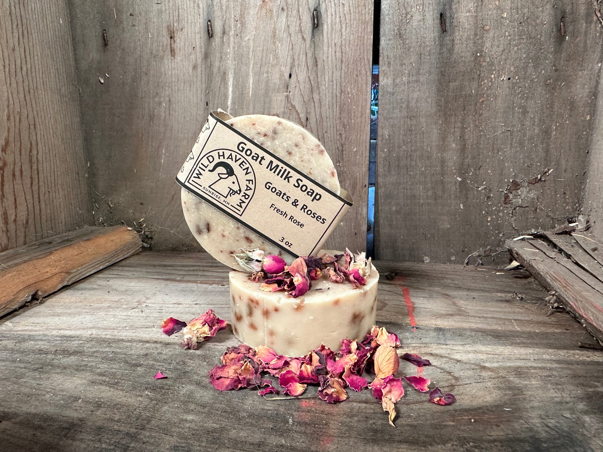 Bar of Wild Haven Farm's Goats N Roses Goat goat milk soap made with San Clemente Island goat milk