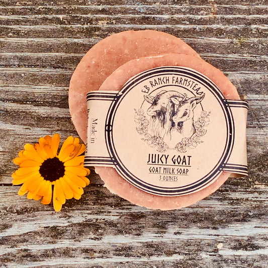 Bar of Wild Haven Farm's Juicy Goat goat milk soap made with San Clemente Island goat milk