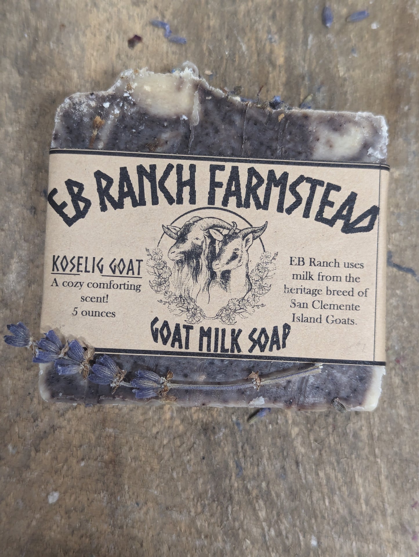 Bar of Wild Haven Farm's Koselig goat milk soap made with San Clemente Island goat milk