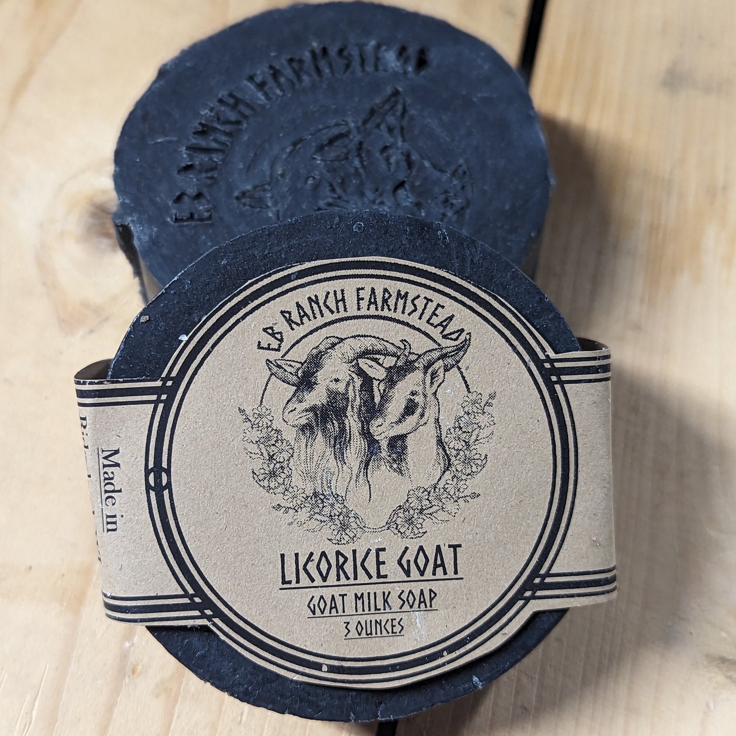 Bar of Wild Haven Farm's Licorice goat milk soap made with San Clemente Island goat milk