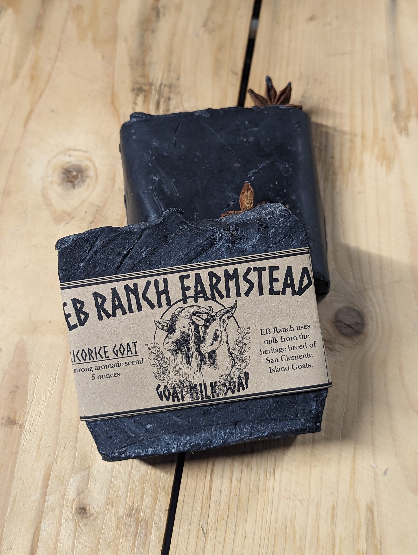 Bar of Wild Haven Farm's Licorice goat milk soap made with San Clemente Island goat milk