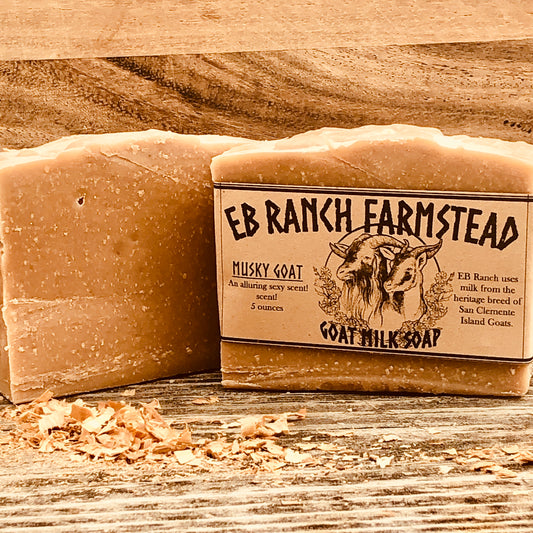 Bar of Wild Haven Farm's Musky Goat goat milk soap made with San Clemente Island goat milk
