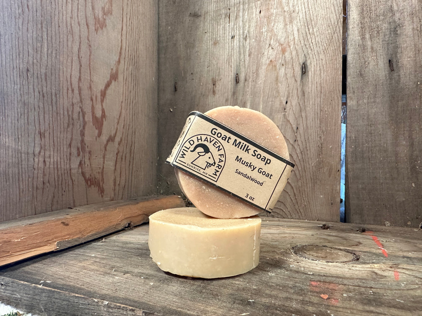 Bar of Wild Haven Farm's Musky Goat goat milk soap made with San Clemente Island goat milk