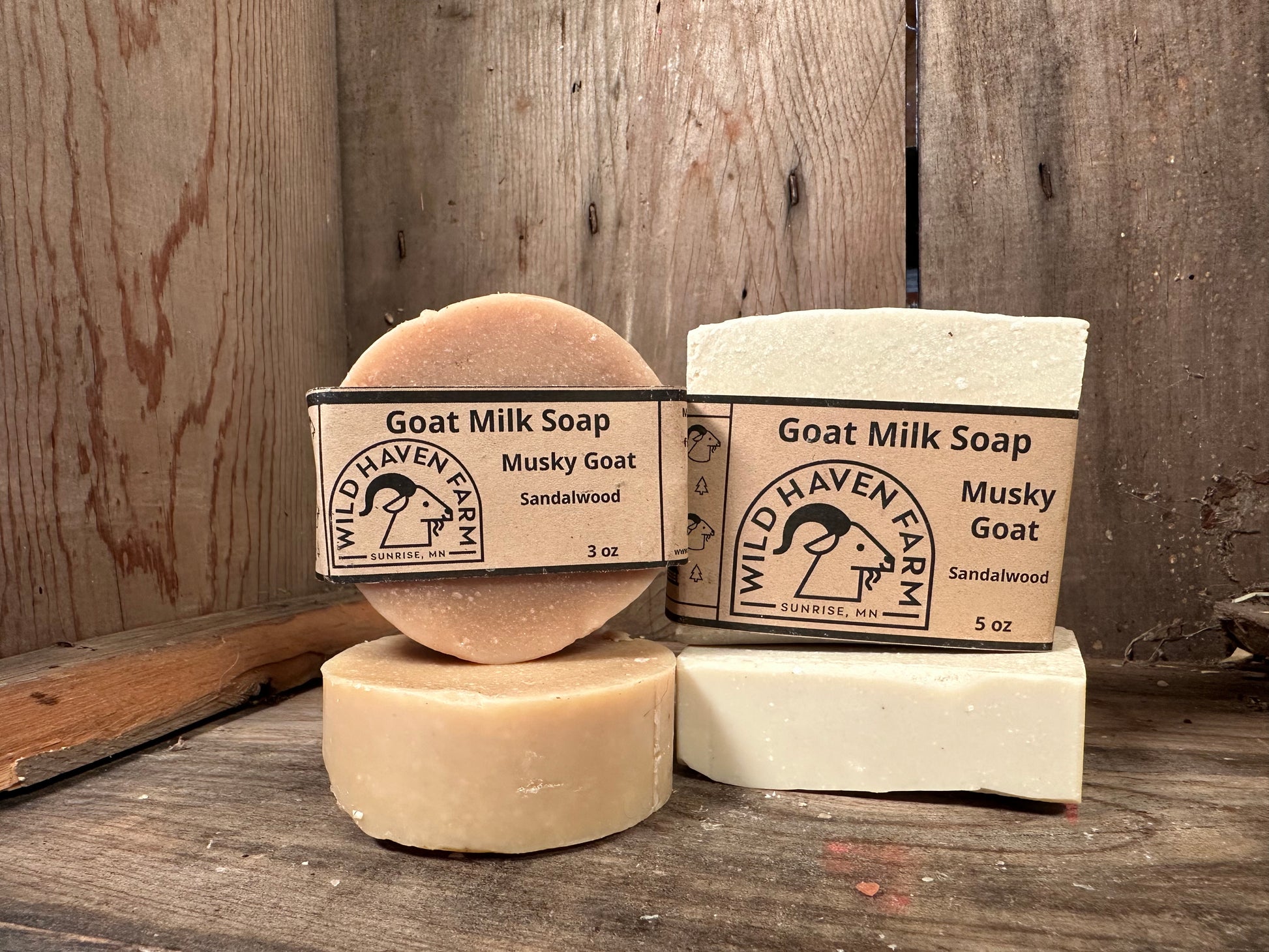 Bar of Wild Haven Farm's Musky Goat goat milk soap made with San Clemente Island goat milk