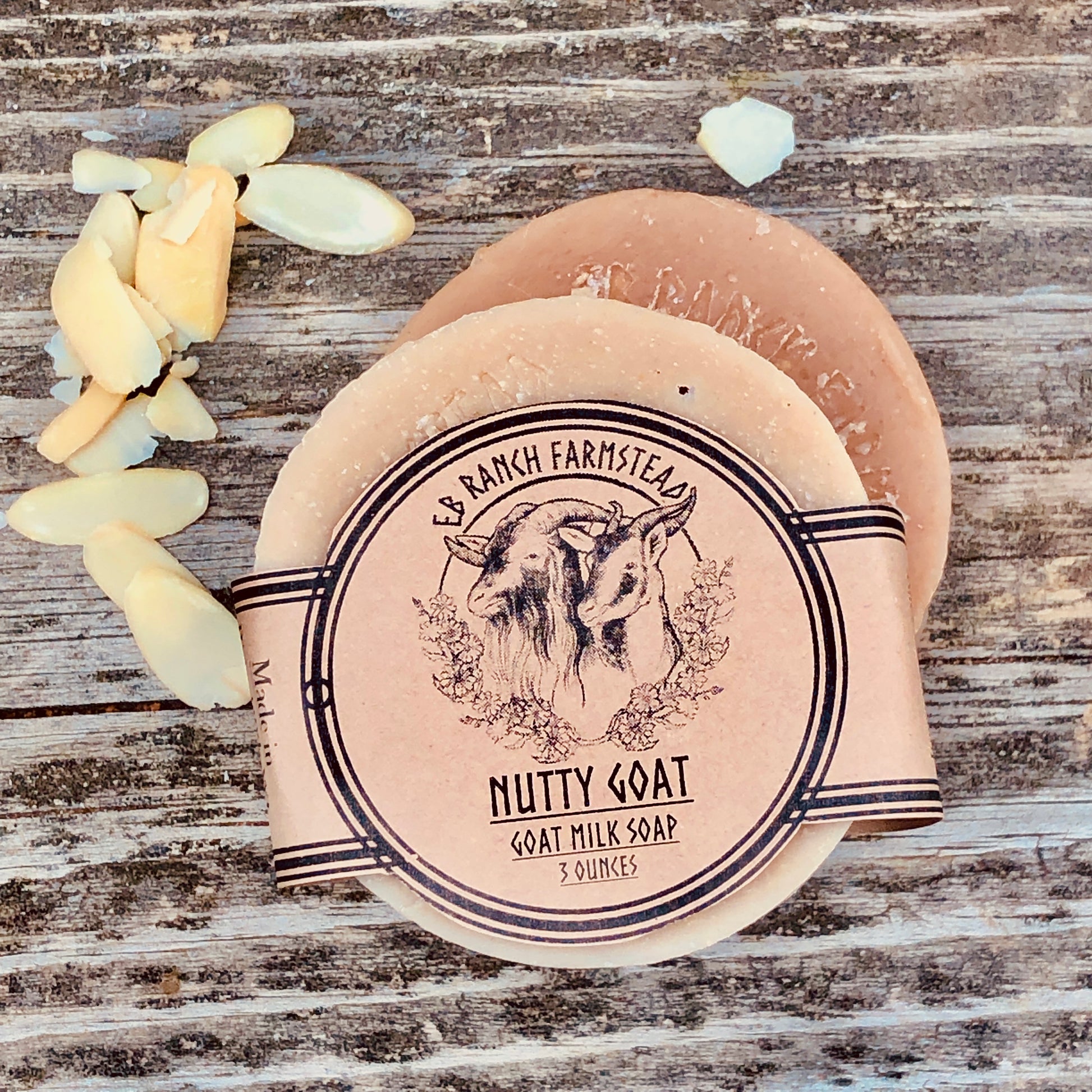 Bar of Wild Haven Farm's Nutty Goat goat milk soap made with San Clemente Island goat milk