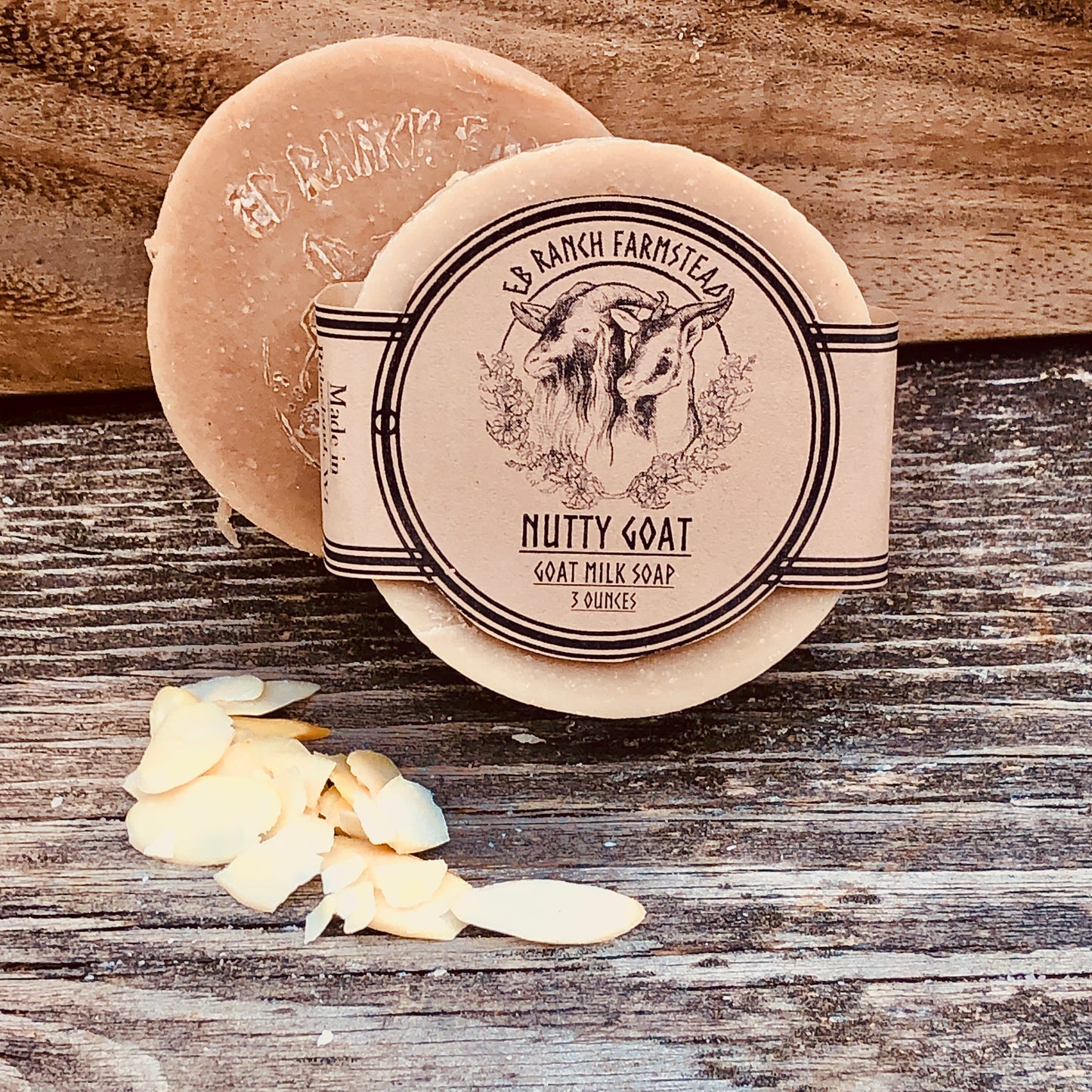 Bar of Wild Haven Farm's Nutty Goat goat milk soap made with San Clemente Island goat milk