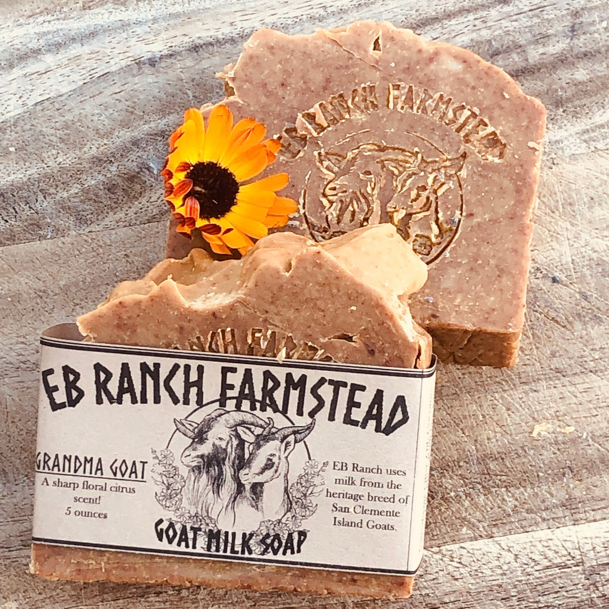 Bar of Wild Haven Farm's Grandma Goat goat milk soap made with San Clemente Island goat milk