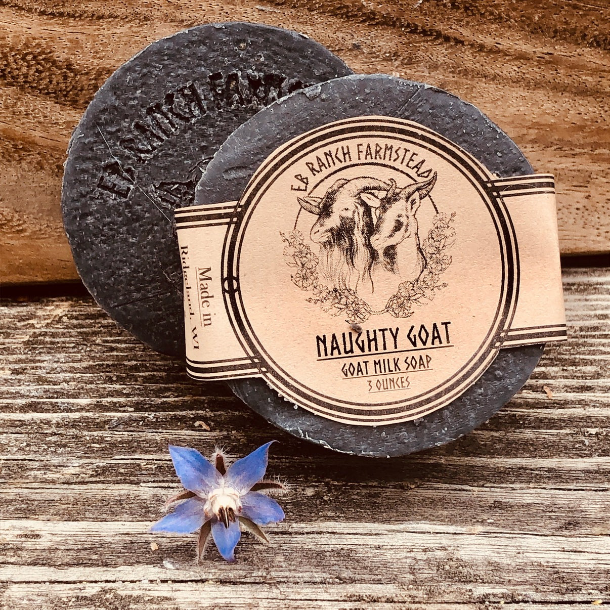 Bar of Wild Haven Farm's Naughty Goat goat milk soap made with San Clemente Island goat milk